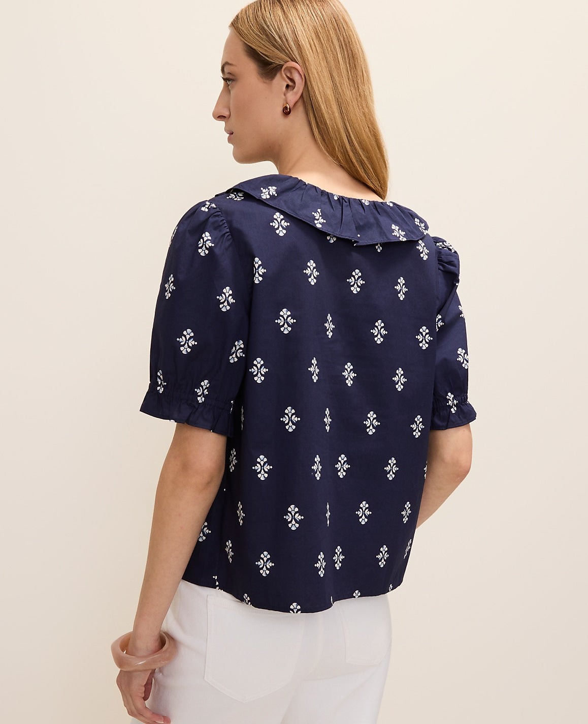 Weekend Geo Ruffle Trim Blouse | Ann Taylor