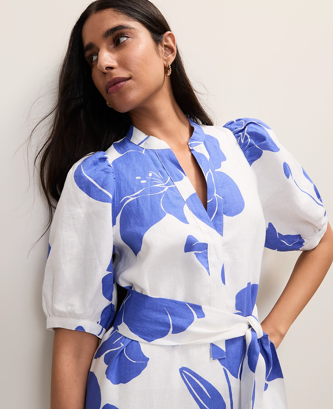 Floral Puff Sleeve Midi Dress in Linen | Ann Taylor