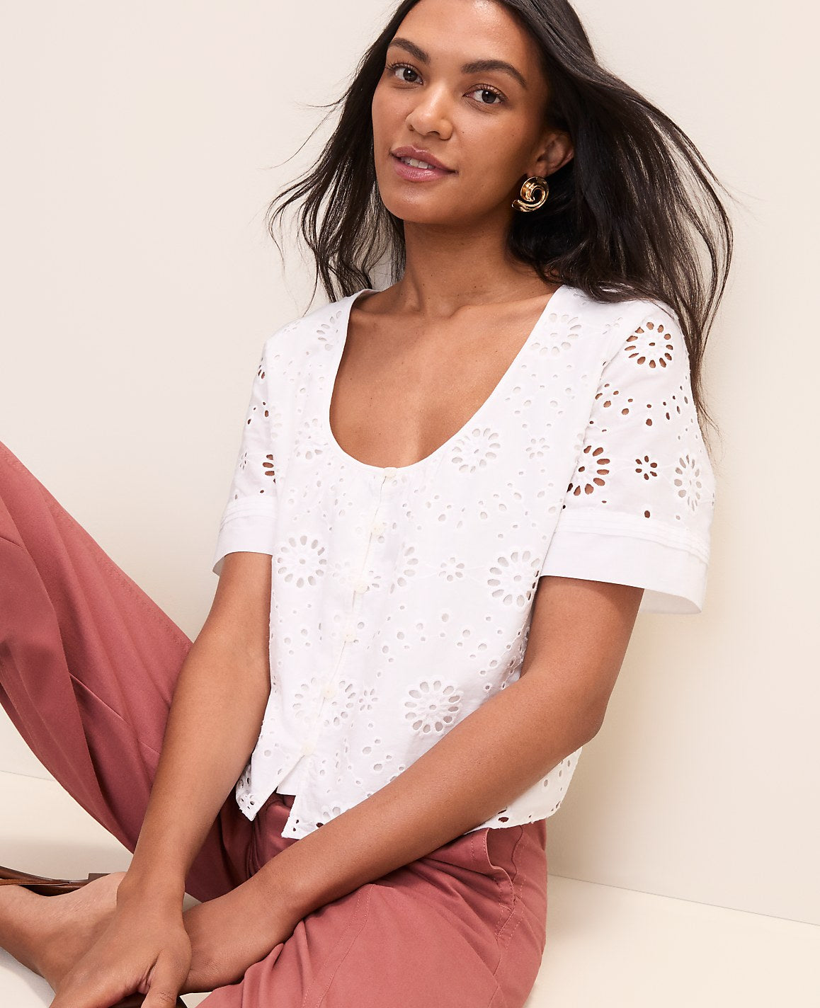 Weekend Eyelet Scoop Neck Blouse | Ann Taylor