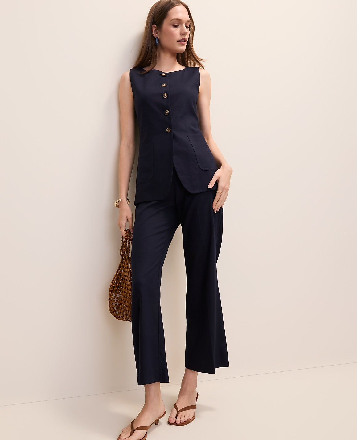 The Long Crew Neck Vest in Linen Blend | Ann Taylor
