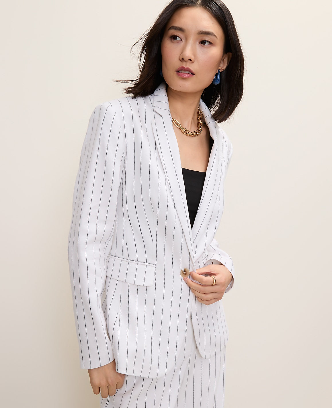 The Pinstripe Long One Button Blazer in Linen Blend | Ann Taylor