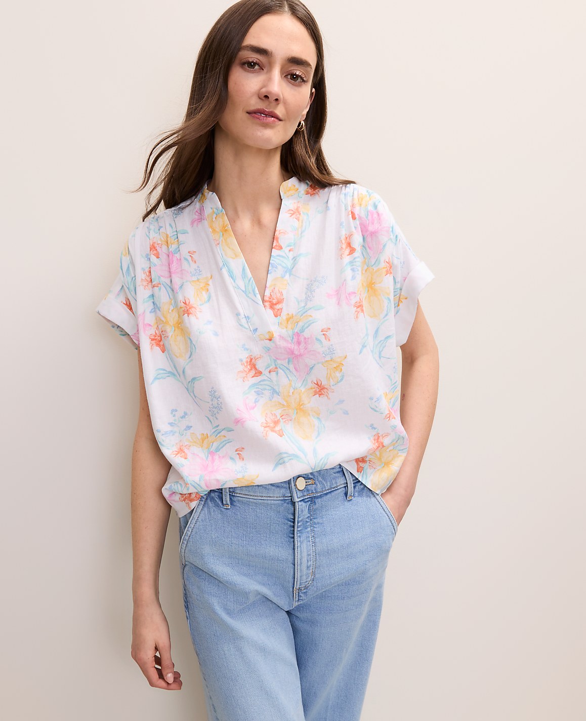 Floral Linen Blend Split Neck Blouse | Ann Taylor