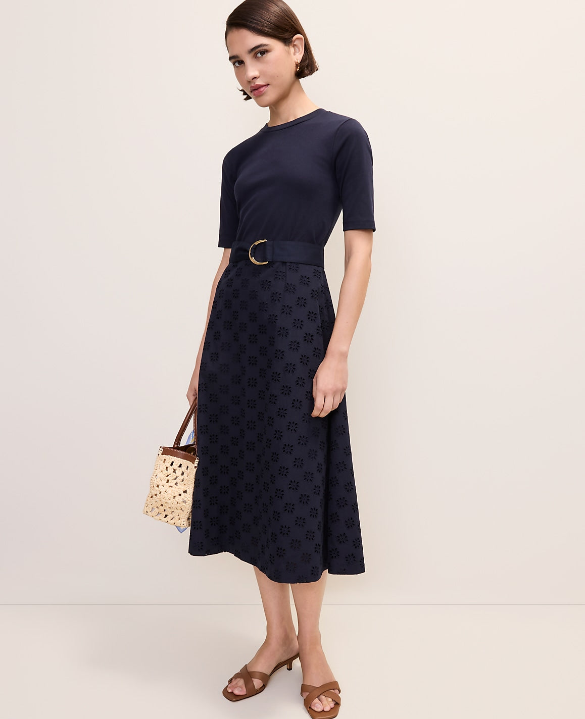 Belted Eyelet Flare Midi Dress | Ann Taylor