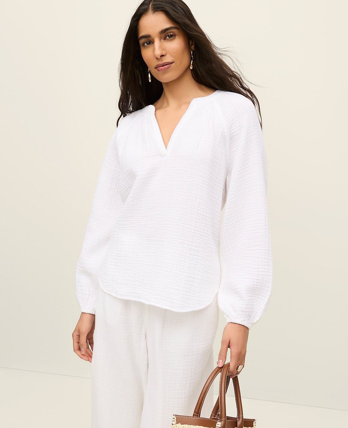 Cotton Gauze Split Neck Blouse | Ann Taylor