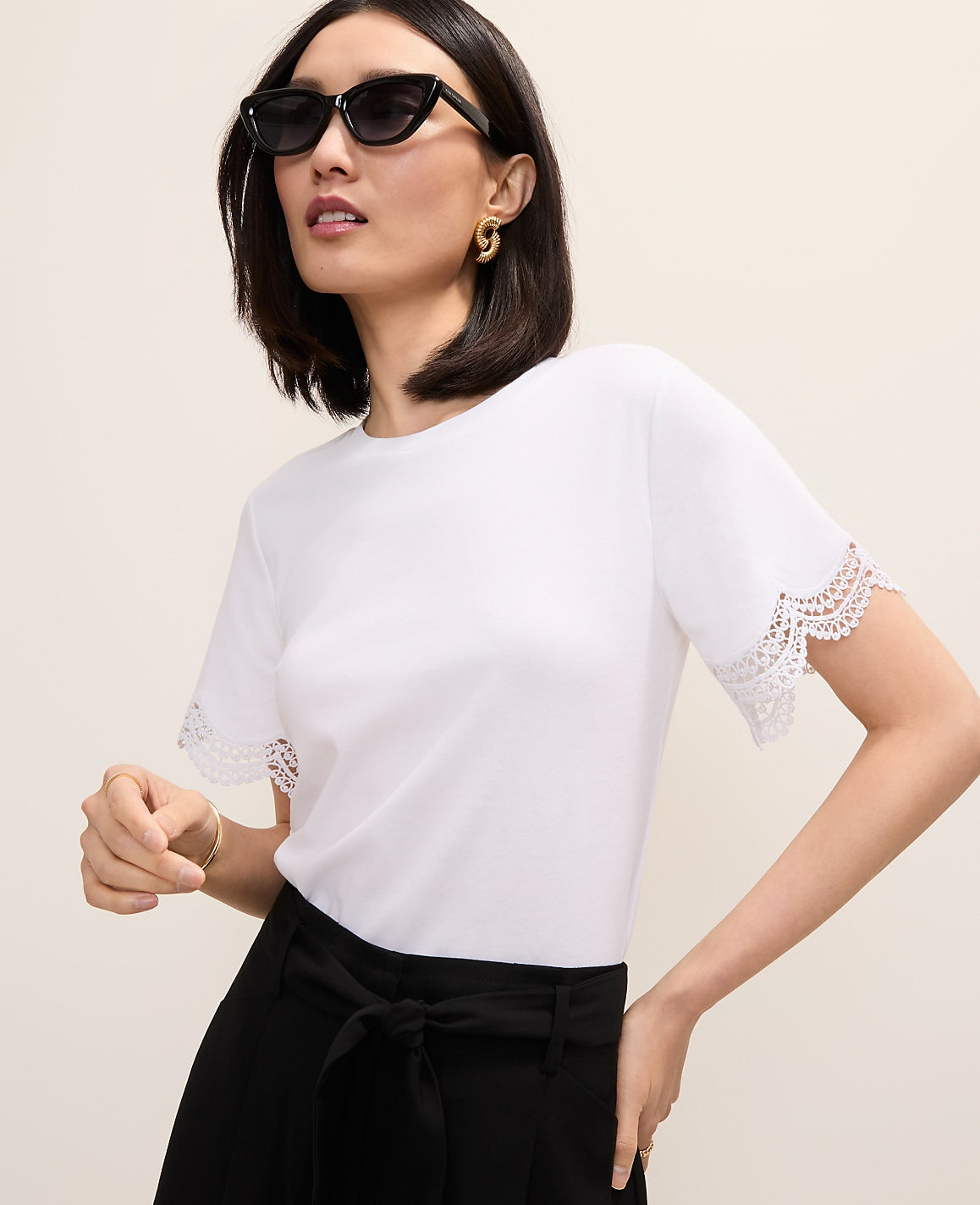 Lace Trim Sleeve Knit Tee | Vinci Leather
