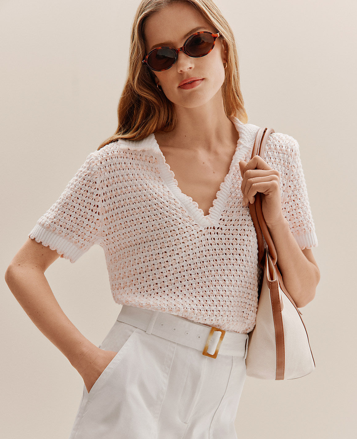 Petite Weekend Texture Stitch Polo Sweater | Ann Taylor