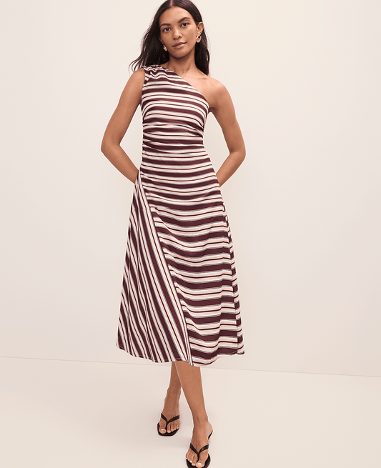 Petite Weekend Striped One-Shoulder Midi Dress | Ann Taylor