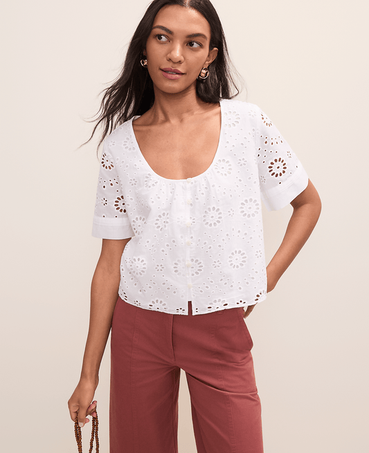 Petite Weekend Eyelet Scoop Neck Blouse | Ann Taylor