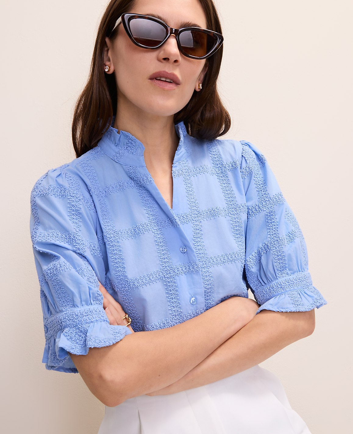 Petite Crochet Ruffle Collar Blouse | Ann Taylor