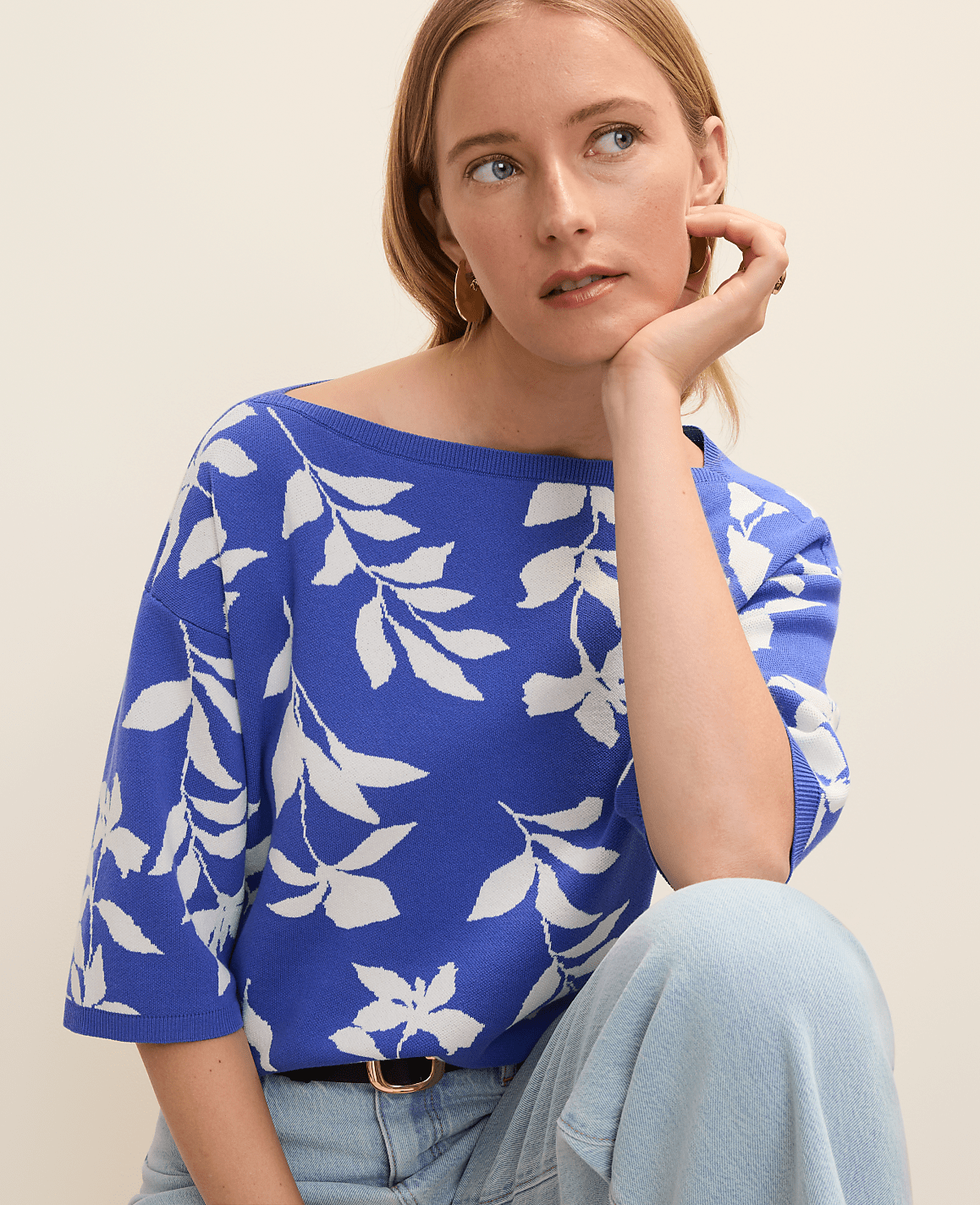 Petite Floral Jacquard Boatneck Sweater | Ann Taylor