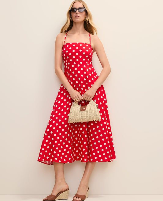 Petite Polka Dot Midi Dress in Linen Blend | Ann Taylor