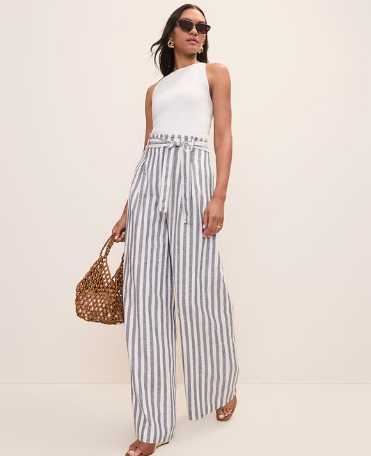 The Petite Striped Paperbag Waist Pant in Linen Blend | Ann Taylor