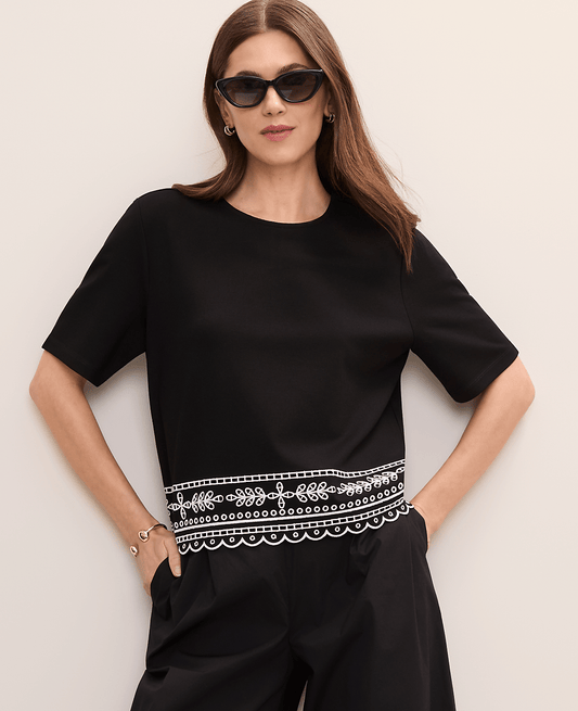 Petite Embroidered Crew Neck Top | Ann Taylor