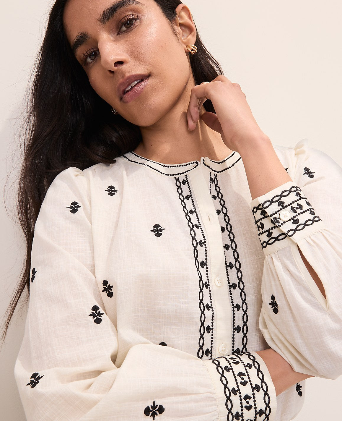 Embroidered Split Neck Blouse | Ann Taylor