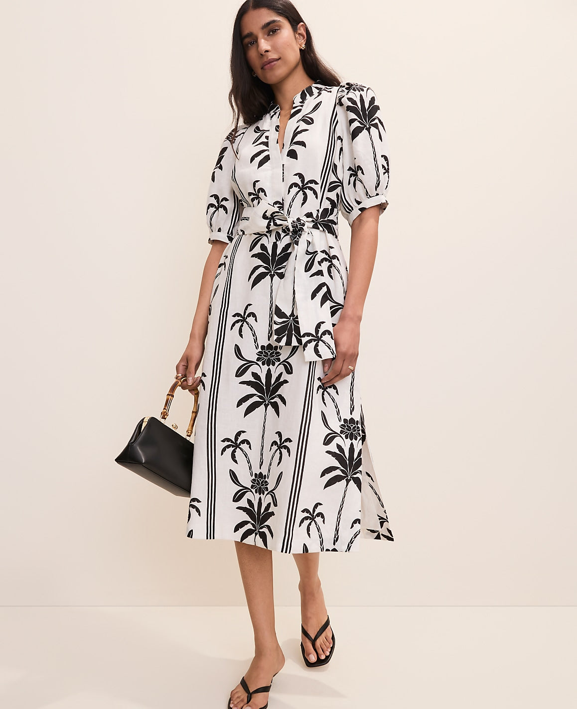 Palm Tree Print Midi Dress in Linen | Ann Taylor