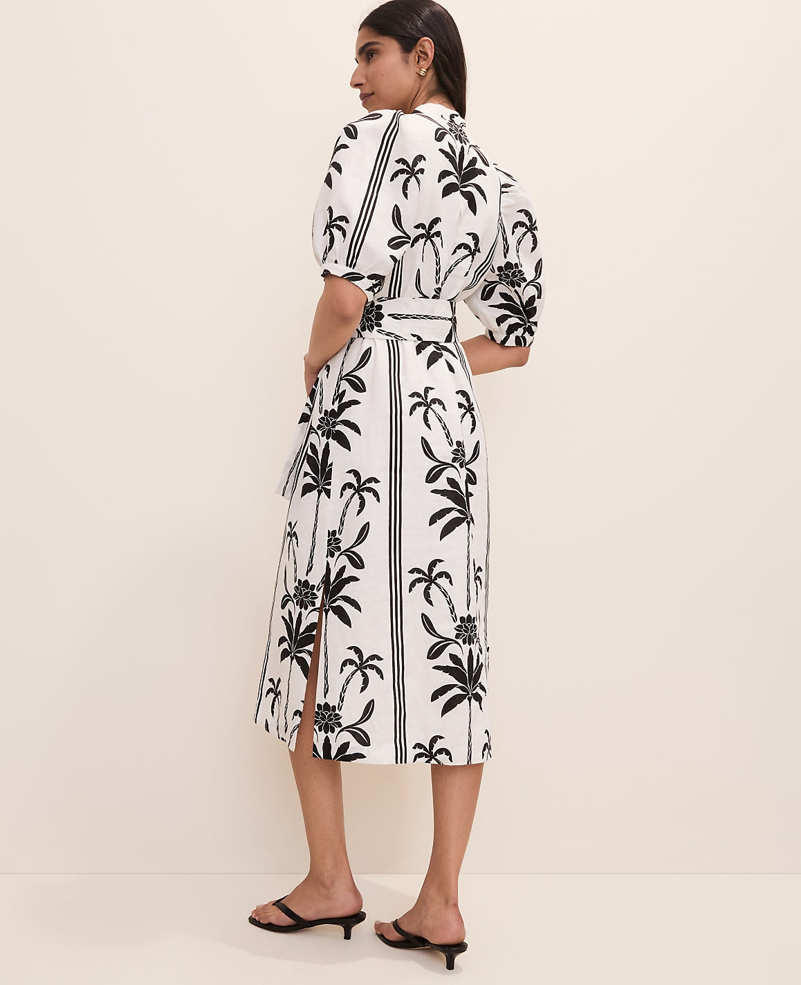 Palm Tree Print Midi Dress in Linen | Ann Taylor