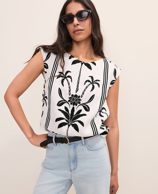 Floral Crew Neck Top in Linen | Ann Taylor