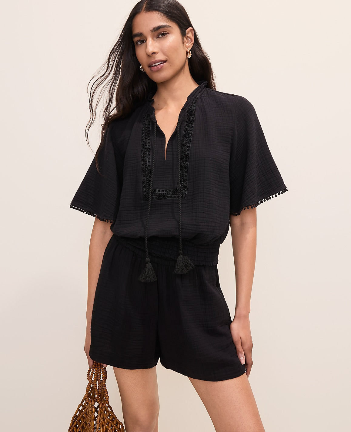 Smocked Bobble Trim Blouse | Ann Taylor