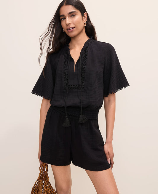 Smocked Bobble Trim Blouse | Ann Taylor