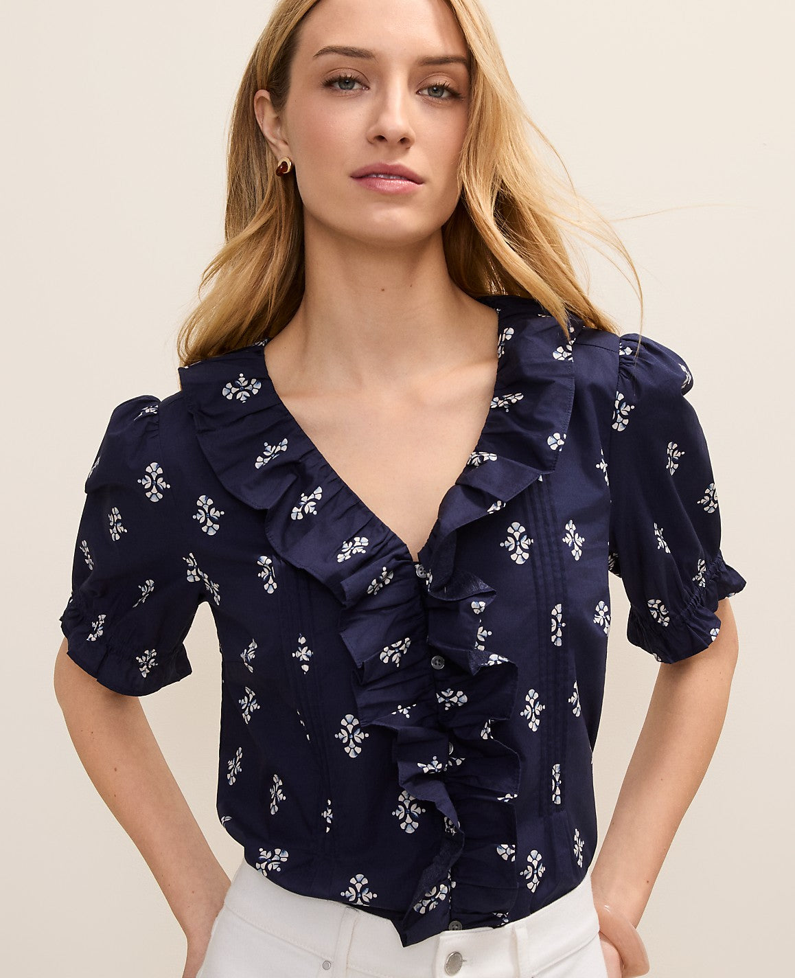 Weekend Geo Ruffle Trim Blouse | Ann Taylor