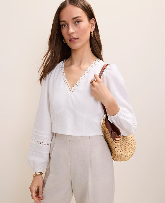 Embroidered V-Neck Blouse in Linen Blend | Ann Taylor