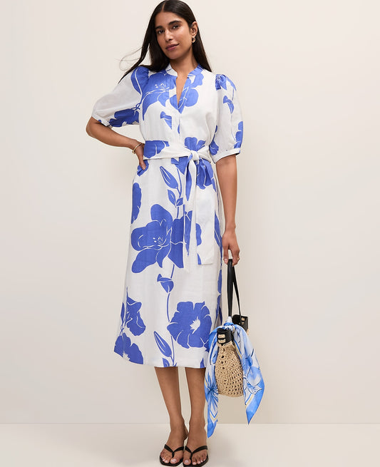 Floral Puff Sleeve Midi Dress in Linen | Ann Taylor