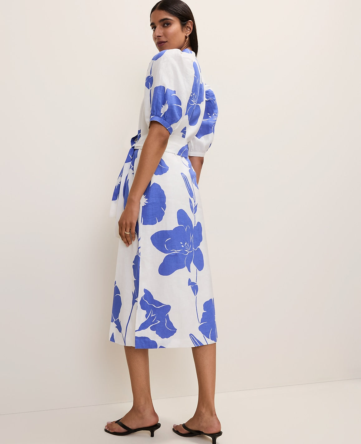 Floral Puff Sleeve Midi Dress in Linen | Ann Taylor