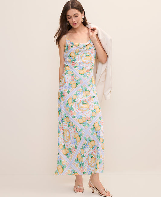 Lemon Print Cowl Neck Slip Dress in Satin | Ann Taylor