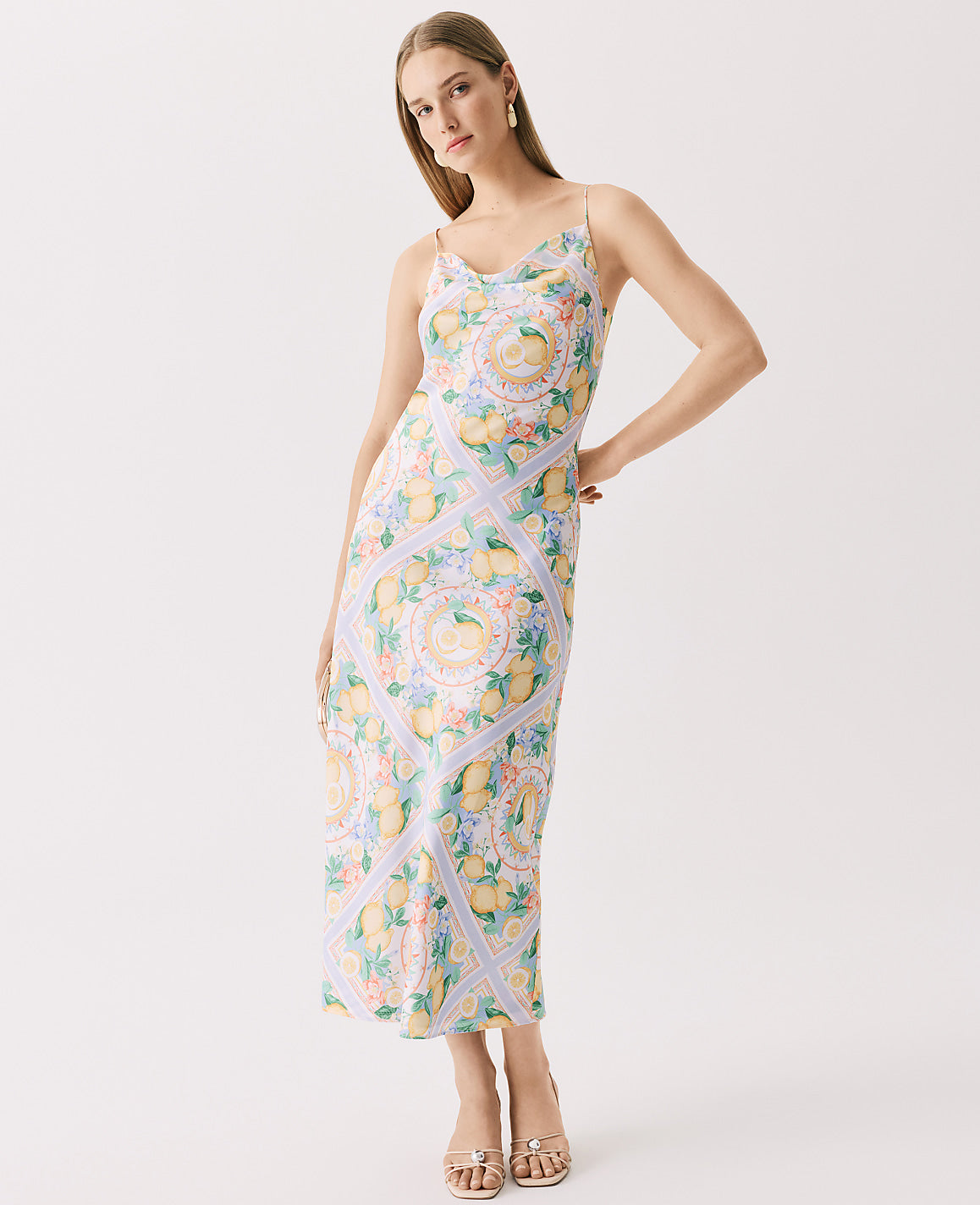 Lemon Print Cowl Neck Slip Dress in Satin | Ann Taylor