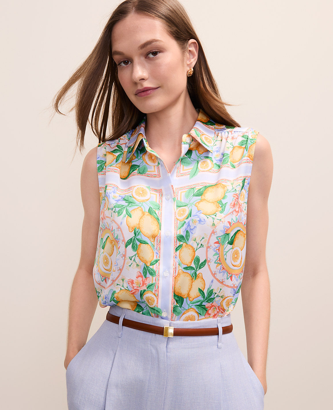 Lemon Print Sleeveless Collar Shirt | Ann Taylor