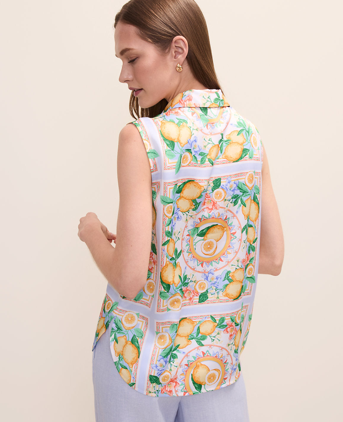 Lemon Print Sleeveless Collar Shirt | Ann Taylor