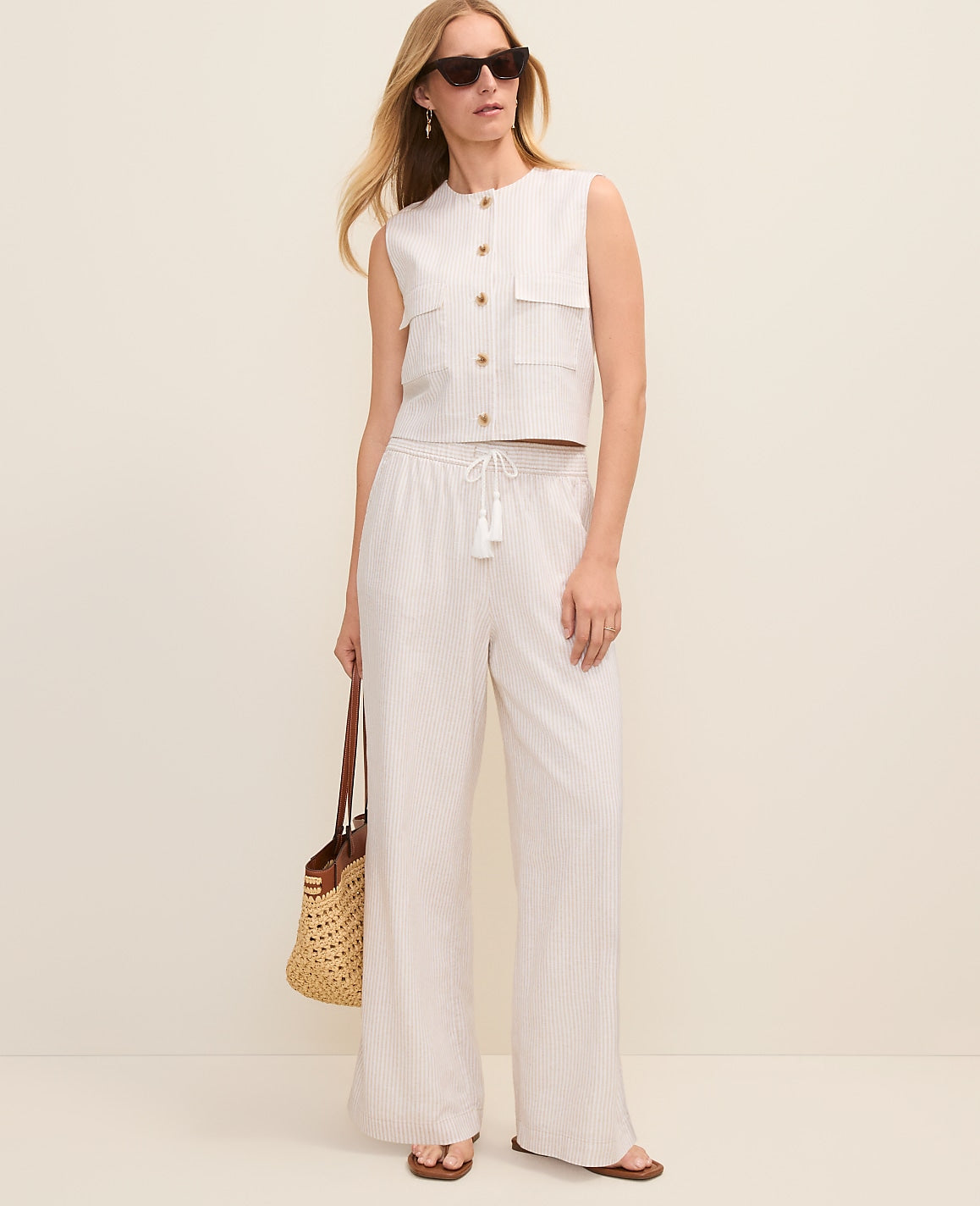 Weekend Striped Easy Fit Wide-Leg Pant in Linen Blend | Ann Taylor