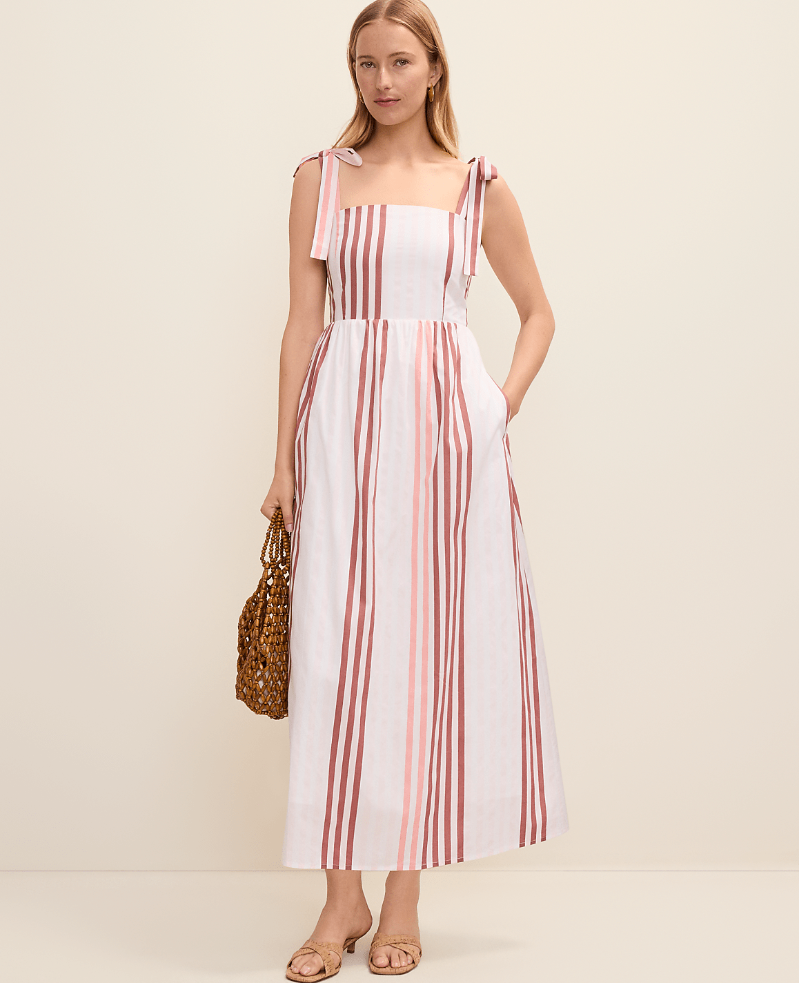 Weekend Striped Tie Strap Midi Dress | Ann Taylor