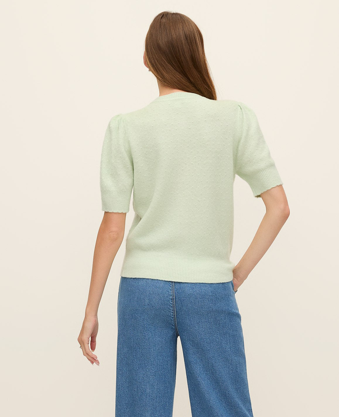 Weekend Pointelle Crew Neck Cardigan | Ann Taylor