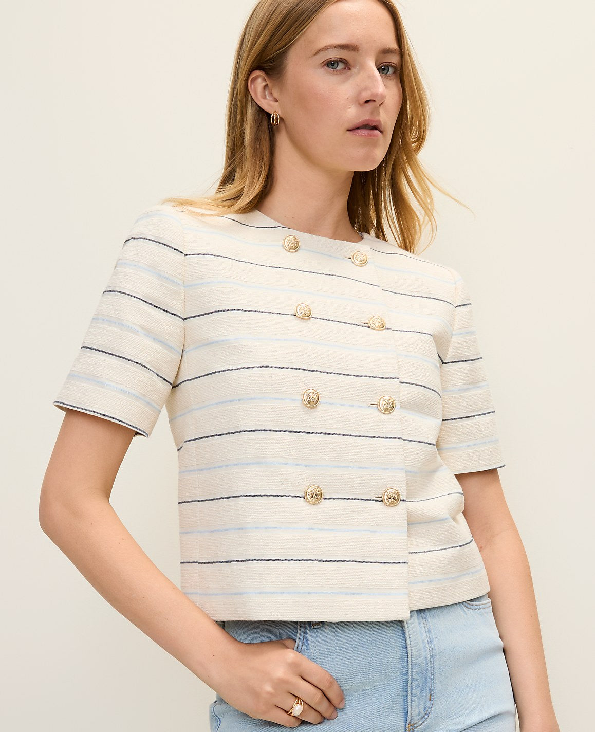 The Short Sleeve Crew Neck Jacket in Tweed | Ann Taylor