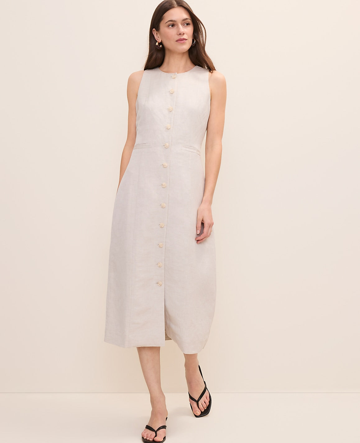 Button Midi Dress in Linen Blend | Ann Taylor
