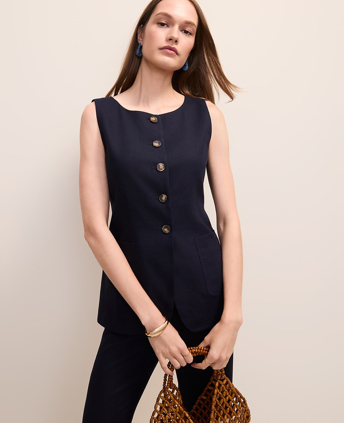 The Long Crew Neck Vest in Linen Blend | Ann Taylor