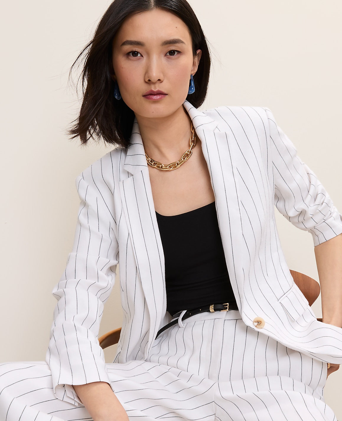 The Pinstripe Long One Button Blazer in Linen Blend | Ann Taylor