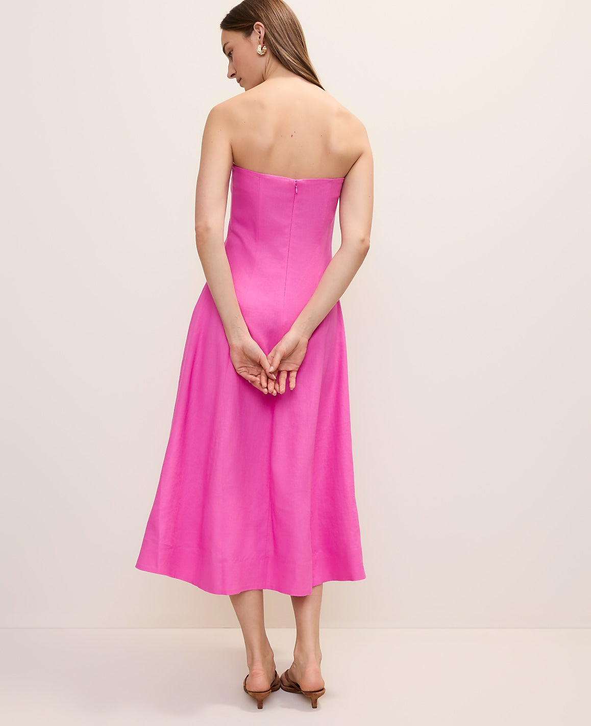 Strapless Midi Dress in Linen Blend | Ann Taylor