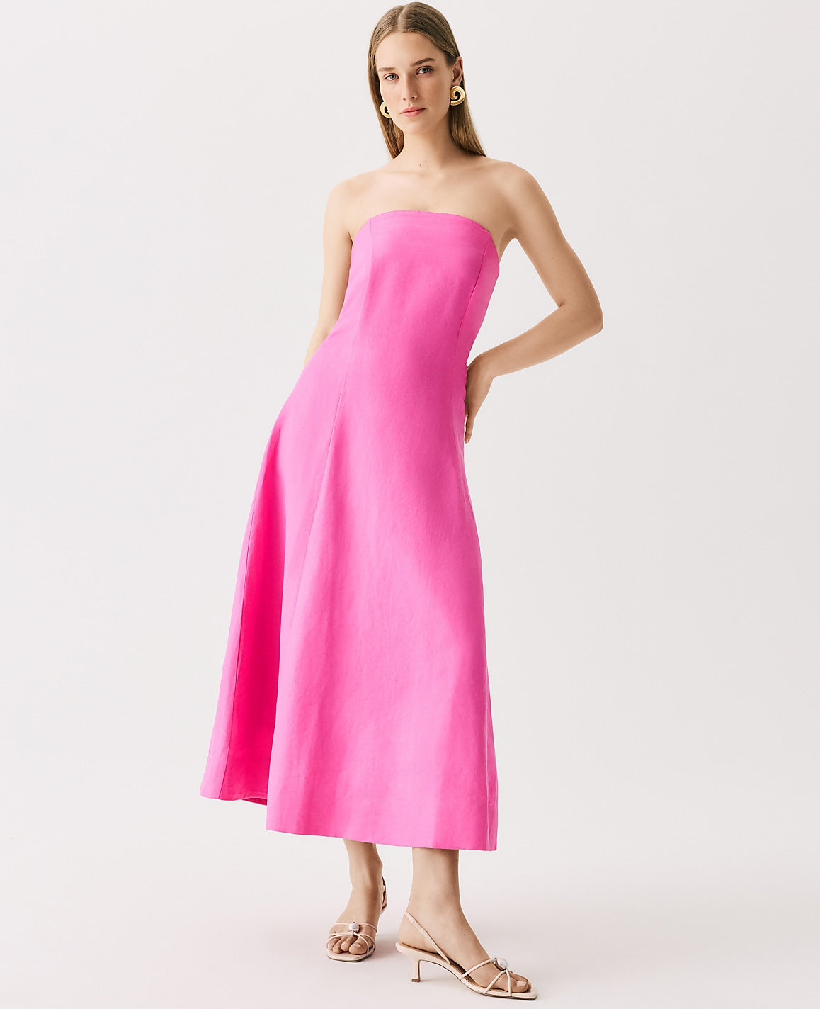 Strapless Midi Dress in Linen Blend | Ann Taylor