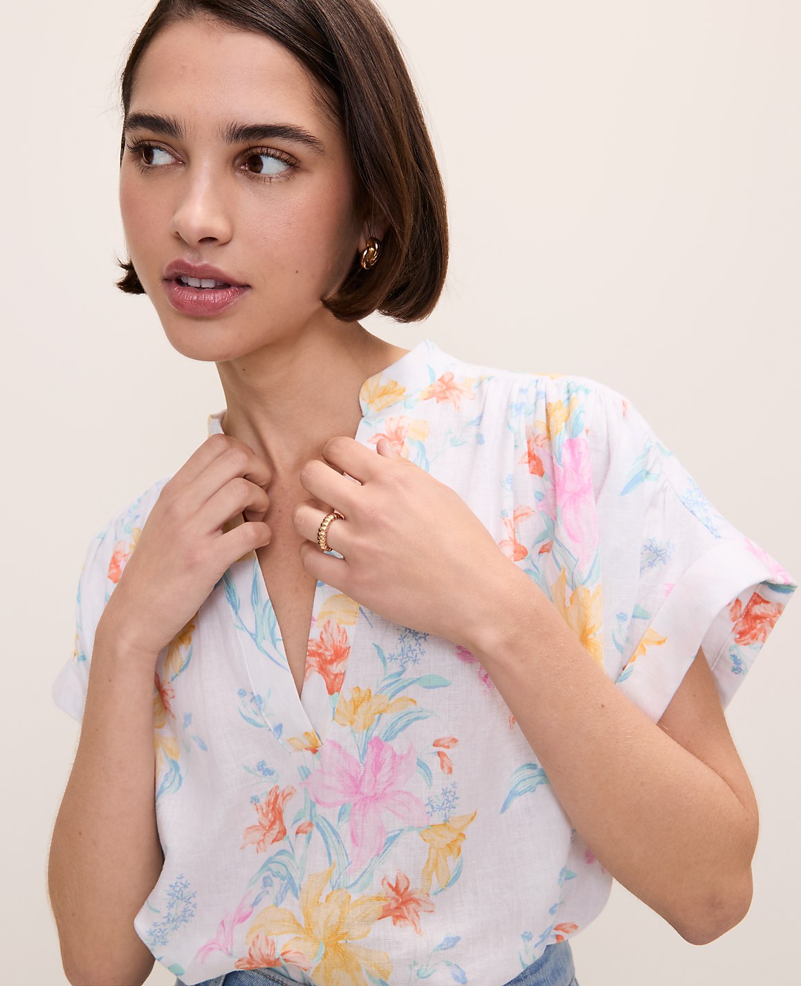 Floral Linen Blend Split Neck Blouse | Ann Taylor