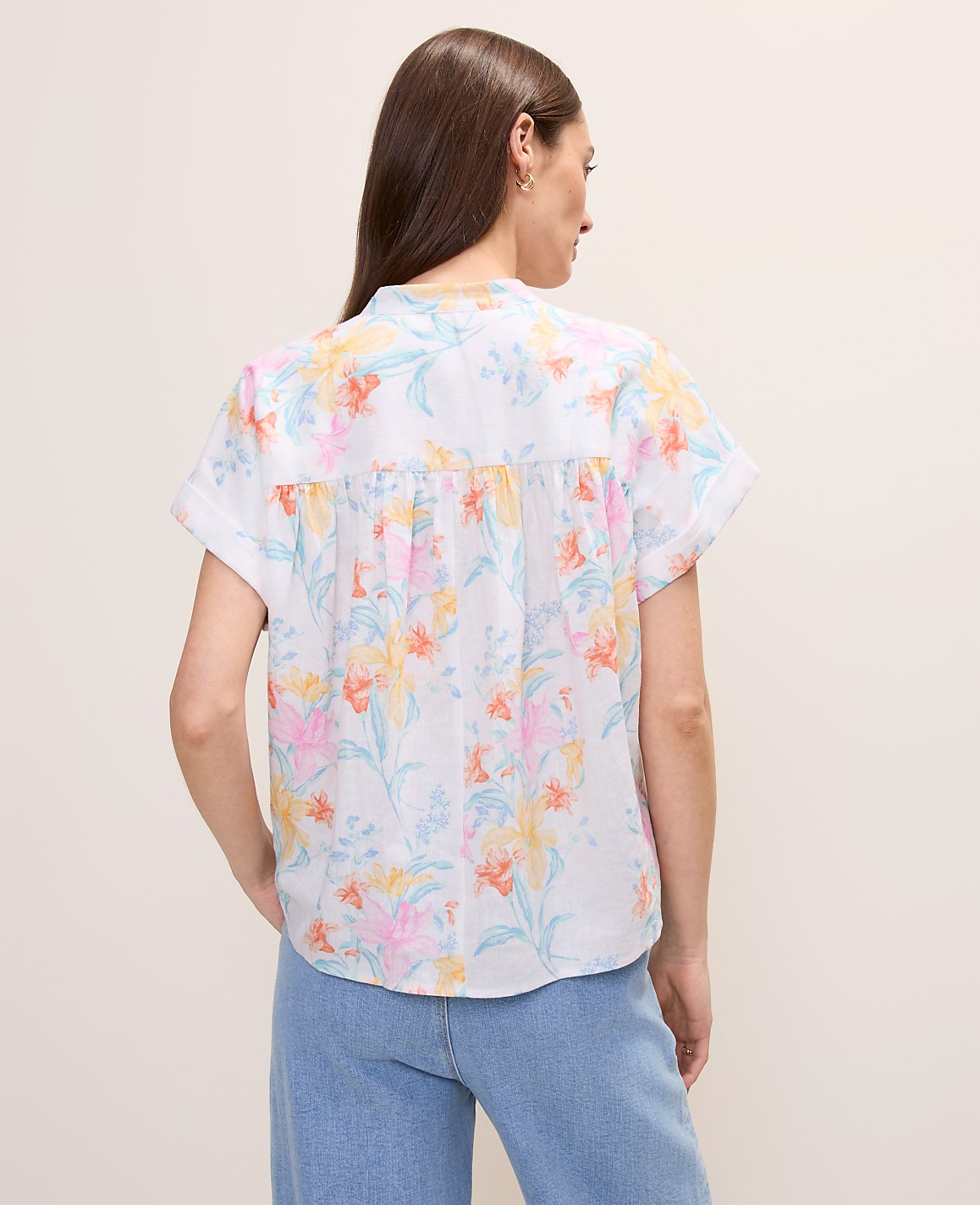 Floral Linen Blend Split Neck Blouse | Ann Taylor