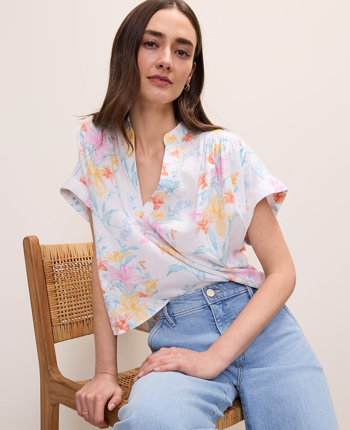 Floral Linen Blend Split Neck Blouse | Ann Taylor
