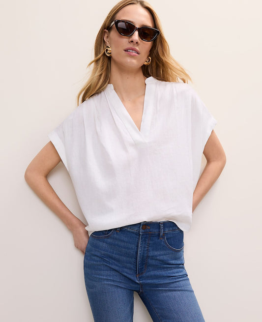 Linen Blend Split Neck Blouse | Ann Taylor