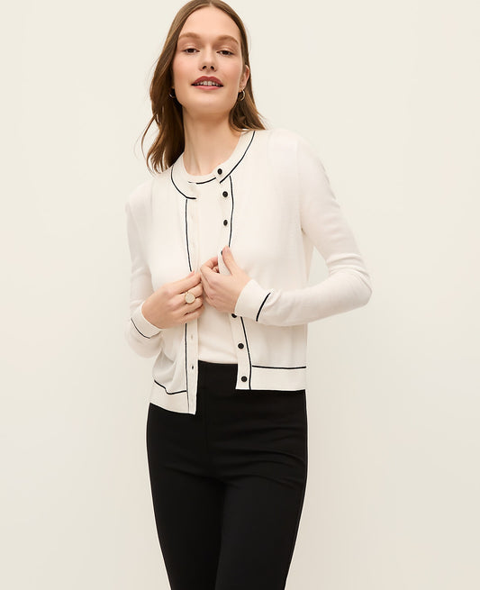 Tipped Crew Neck Cardigan | Ann Taylor