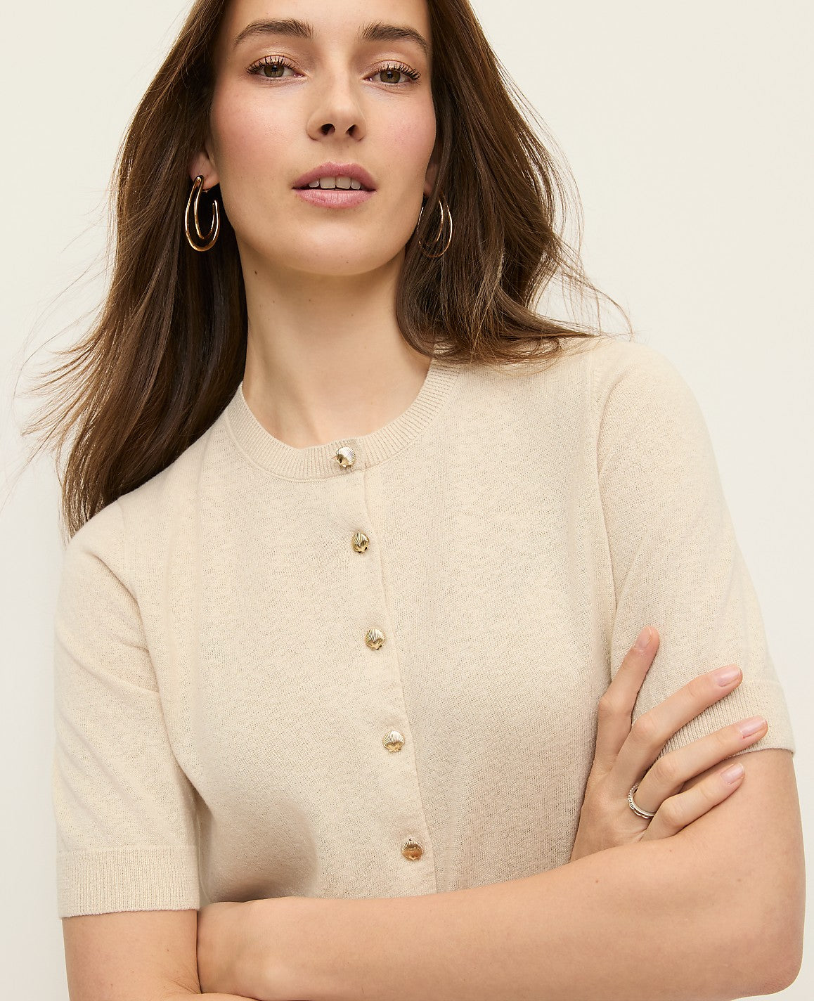 Shell Button Short Sleeve Linen Cardigan | Ann Taylor