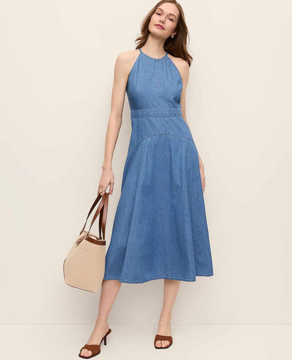 Halter Flare Midi Dress in Chambray | Ann Taylor