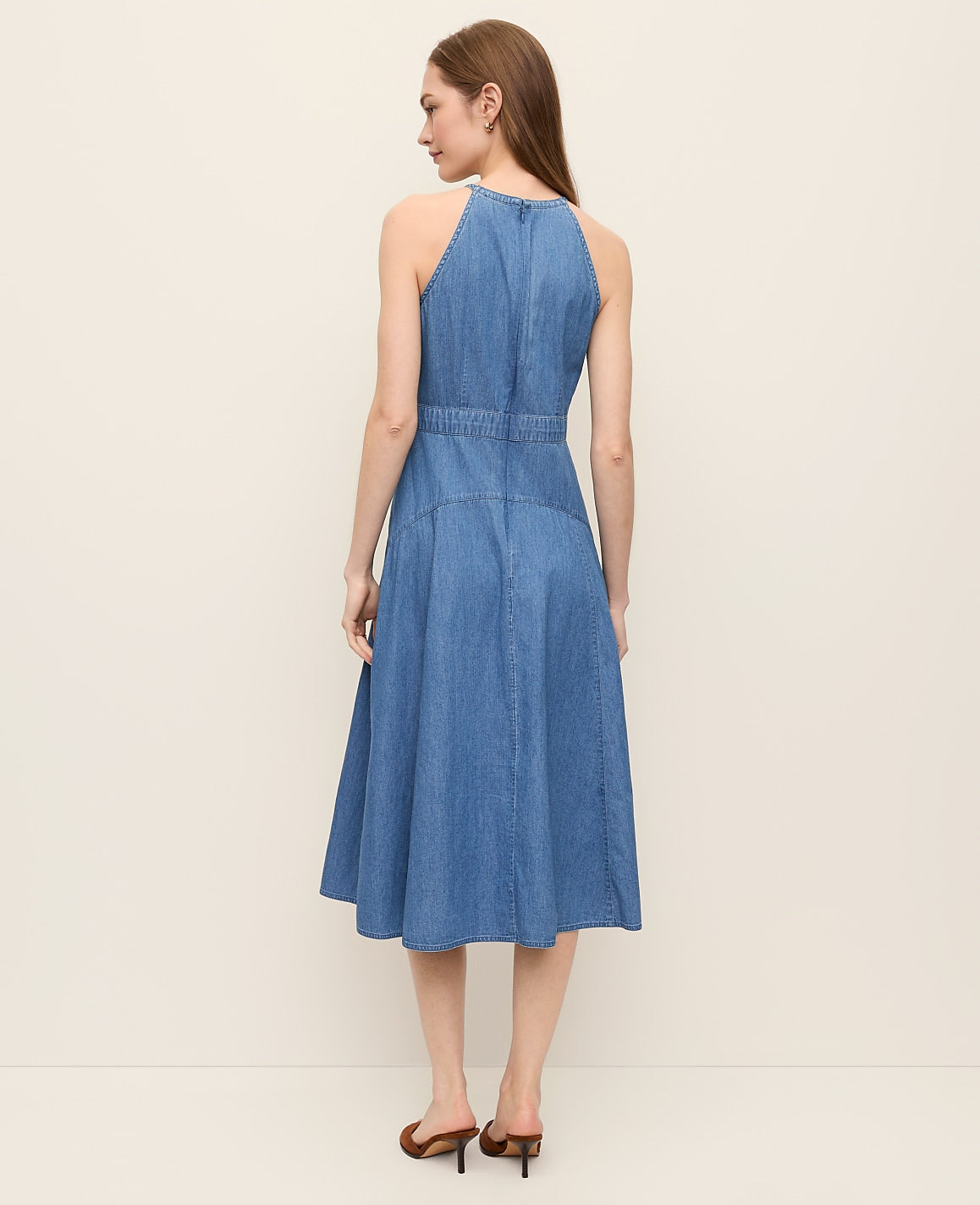 Halter Flare Midi Dress in Chambray | Ann Taylor