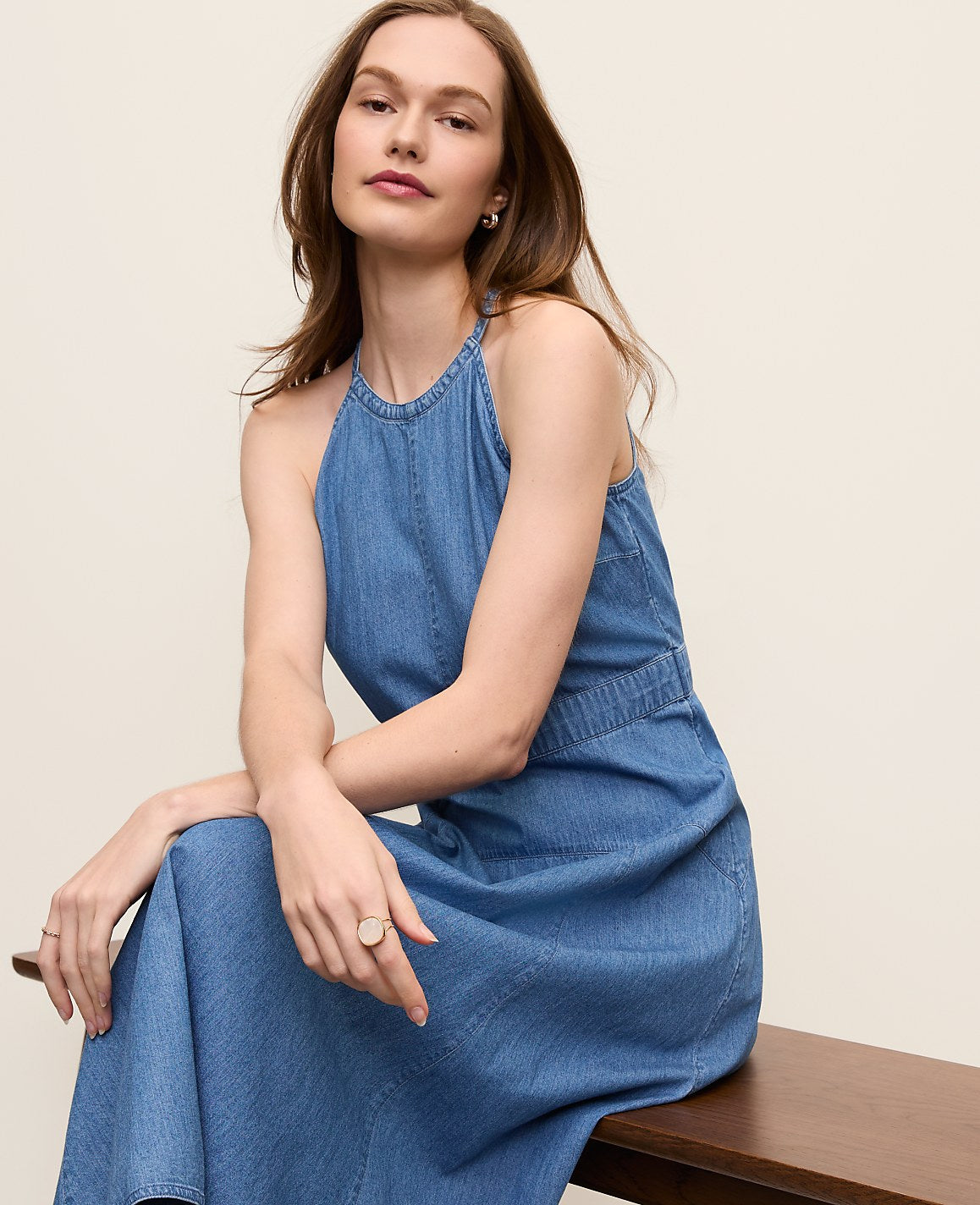 Halter Flare Midi Dress in Chambray | Ann Taylor
