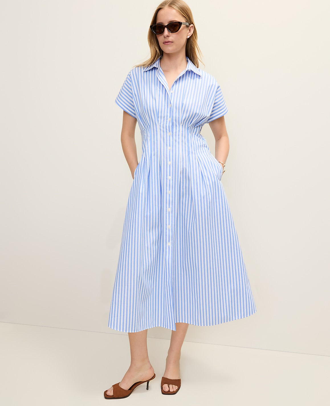 Weekend Striped Pleated Midi Shirtdress | Ann Taylor